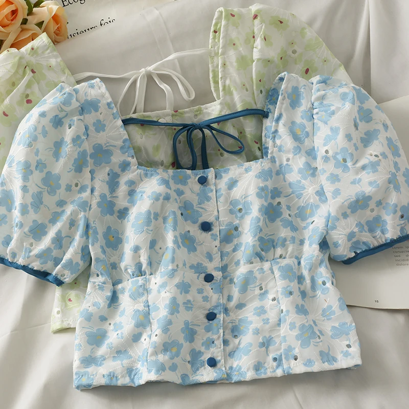 

Женская однобортная рубашка, с цветочным принтом, с пышными рукавами, на шнуровке, с квадратным воротником, лето 2021