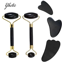 2pcs roller gua sha face massage set natural stone black jade eye facial spa acupuncture therapy neck scraper massage care tools
