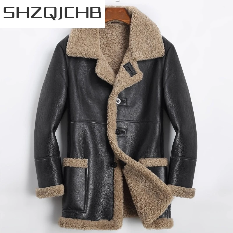 

JCHB 2021 Winter Mens Thick Warm Wool Liner Real Fur Overcoat Natural Shearling Outwear Coat Single Breasted Biker Genuine Leath