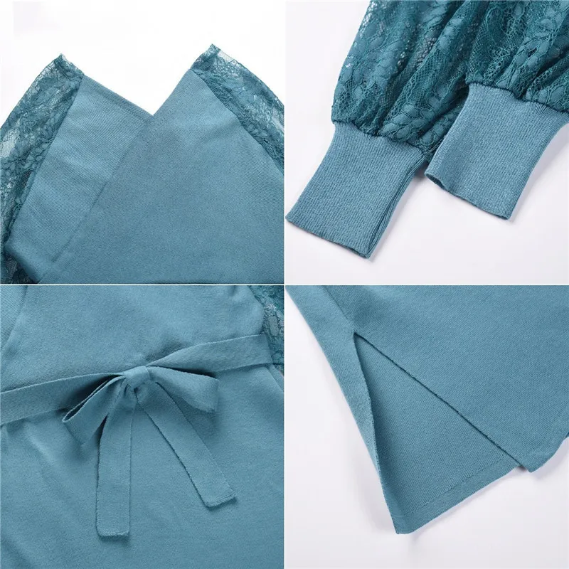 

OneLineFox V Neck Tunic Sweater Dress 2020 Mini Sexy Lace Parchwork Cut Autumn Winter Solid Knitted Elegant Party Dress Women