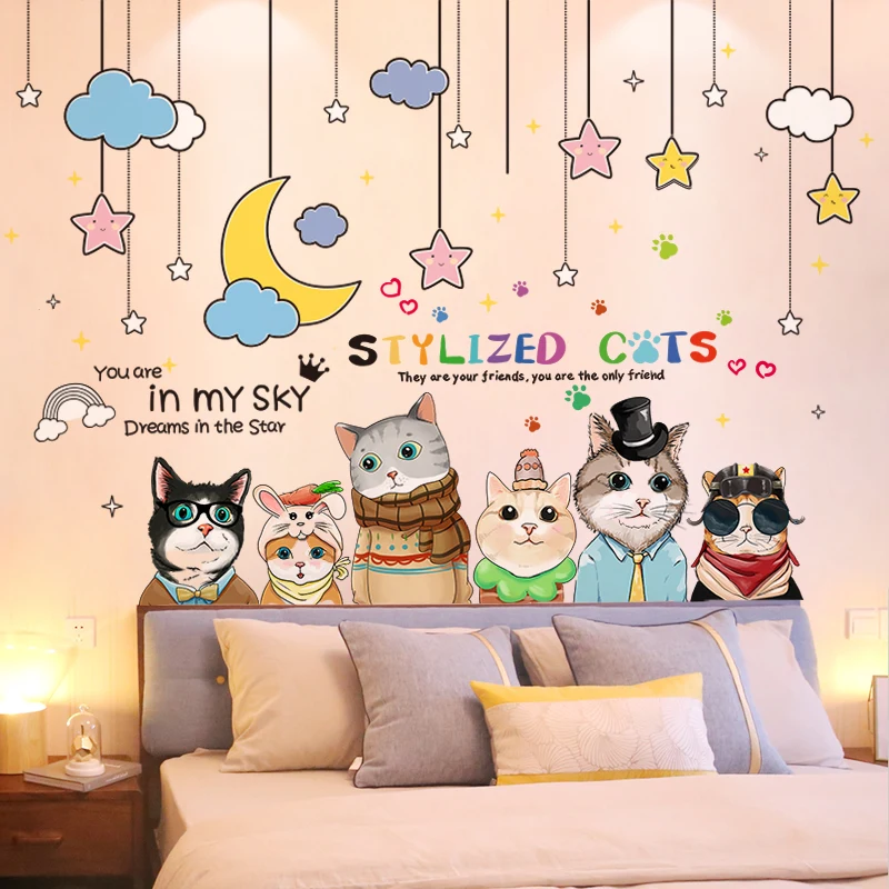 

[shijuekongjian] Cats Animals Wall Sticker DIY Cartoon Stars Clouds Wall Decals for Kids Rooms Baby Bedroom House Decoration