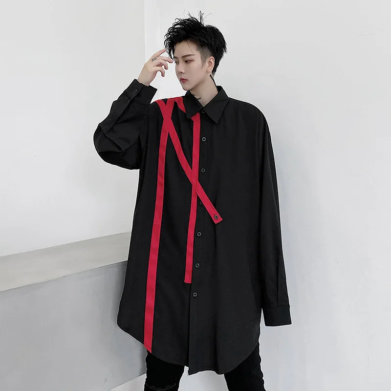 

Men Red Ribbon Splice Long Sleeve Casual Loose Shirt Male Streetwear Hip Hop Gothic Dress Shirts
