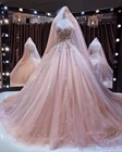 Блестящие Розовые золотые блестящие трапециевидные свадебные платья, свадебные платья со шлейфом, свадебвечерние платья, Бесплатная Фата