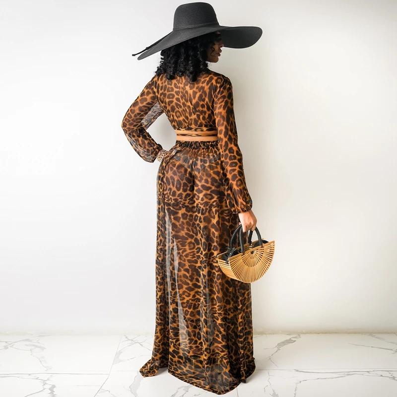 

Spring Summer Two Piece Set Women Sexy Leopard Print Long Sleeve Crop Top+chiffon Skirt Suits Club Outfits (Without Underwear)