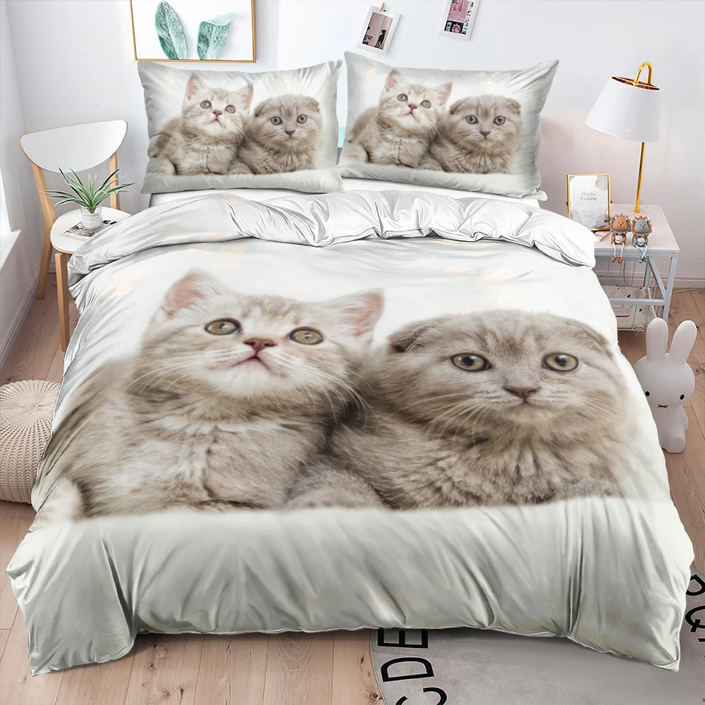 

3D White Pet Cat Custom Bedclothes Quilt Covesr Comforter Cases Set Pillowcases Twin King Queen Double Single Size Bedding Sets