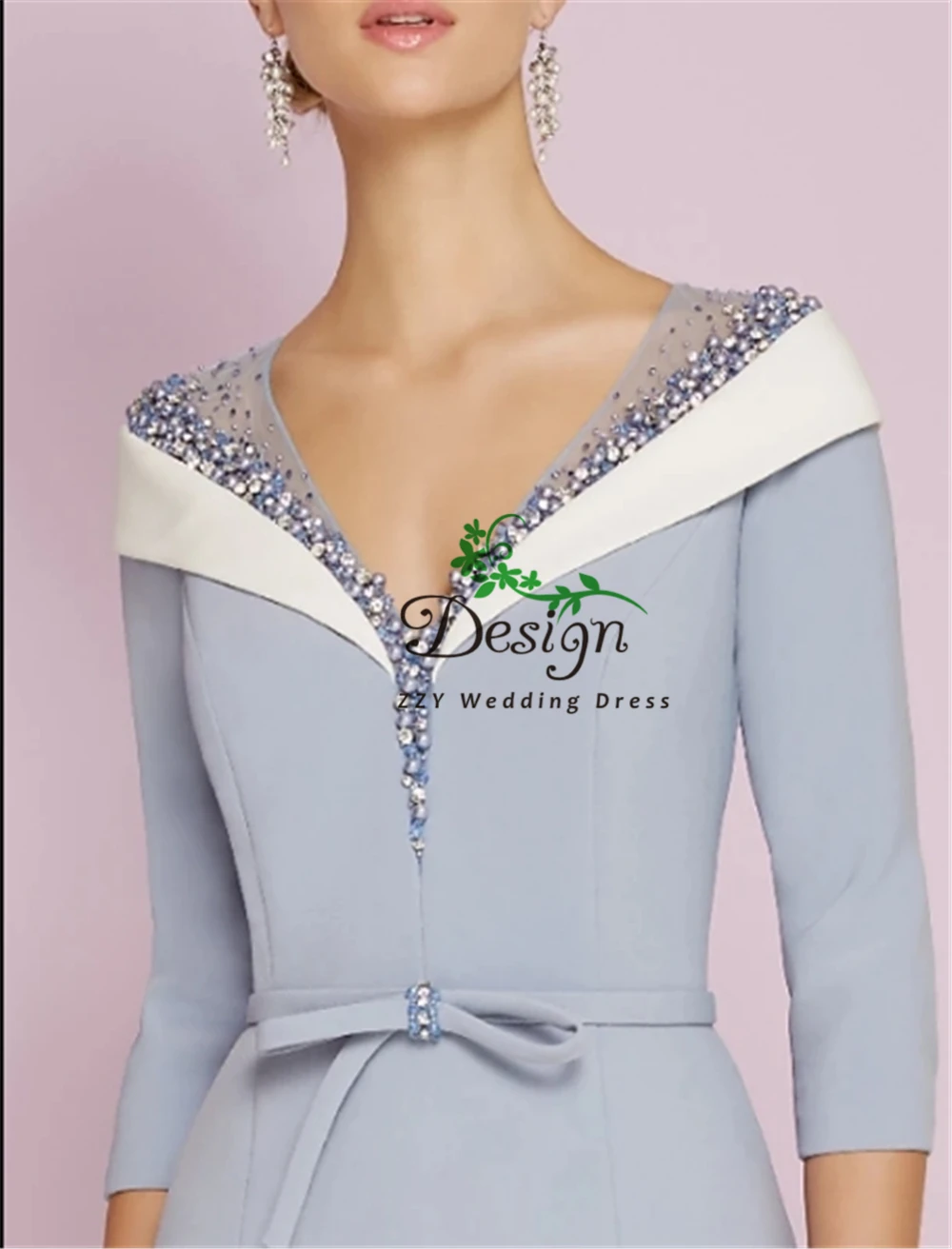 

robe de mariage Silver Sleeves Chiffon Sheath Sash Bows Pearls Beading Deep V-Neck Short Mother Of The Bride Dresses Plus Size