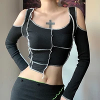 harajuku streetwear girls patchwork black crop tops sexy off shoulder bodycon tops women autumn winter long sleeve tops t shirts