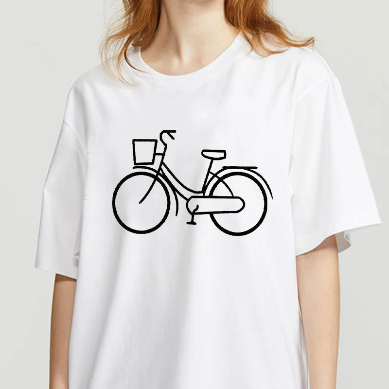 

Женская футболка с коротким рукавом, круглым вырезом и принтом в виде велосипеда