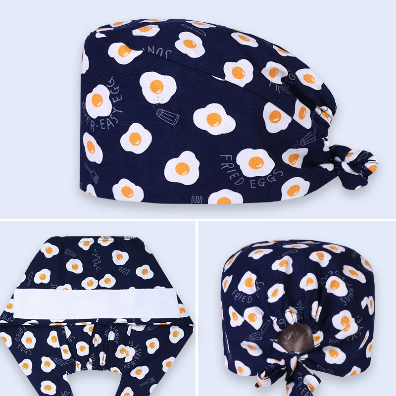 

Fried Eggs Print Scrub Caps Pattern Veterinary Dental Nursing Work Hats Navy Women Men 100% Cotton Beautician Chef Skull Cap