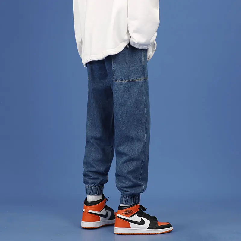 

2021 Men's Trendy Loose Straight Pants Stretch Slim Fit Casual Pants Cargo Pocket Jeans Biker Denim Black/blue Color Trousers