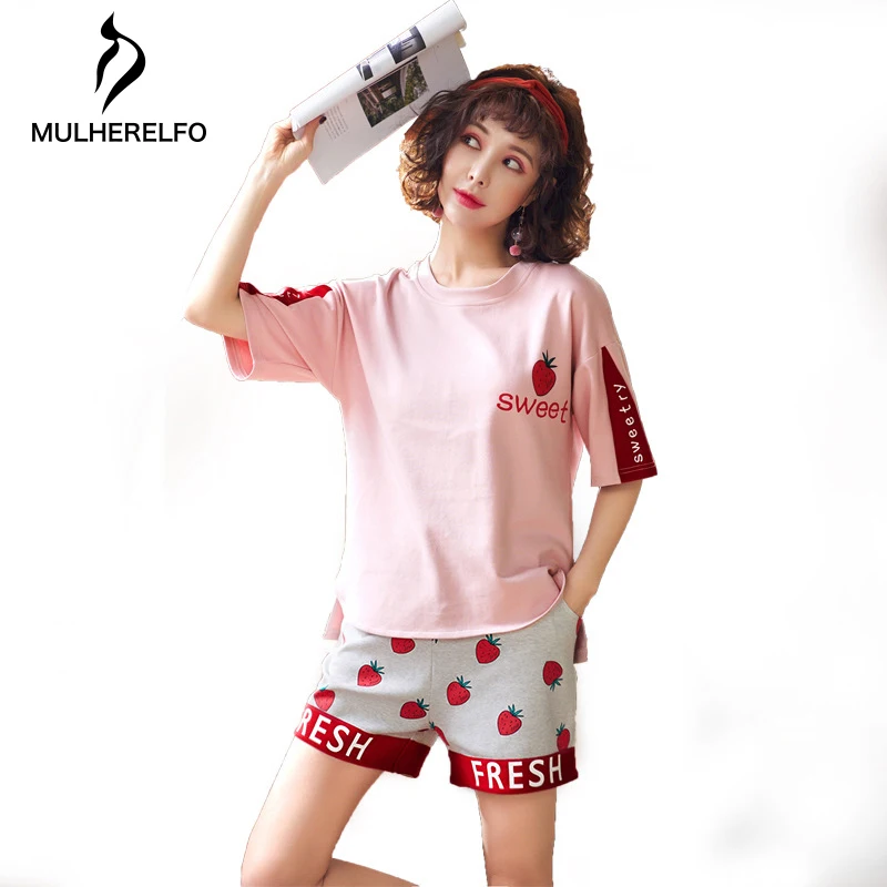 

Pajamas Set Women Cute Carton Pattern Sleepwear Casual Female Night Suit Can Be Outside Short Sleeve Comfortable Nightwear Home