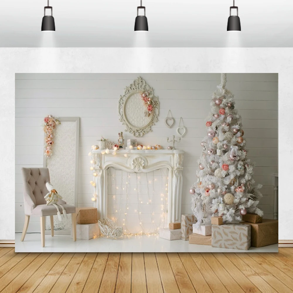 

Laeacco Christmas Backdrops White Wooden Board Fireplace Christmas Tree Gifts Photography Backgrounds Family Portrait Photophone