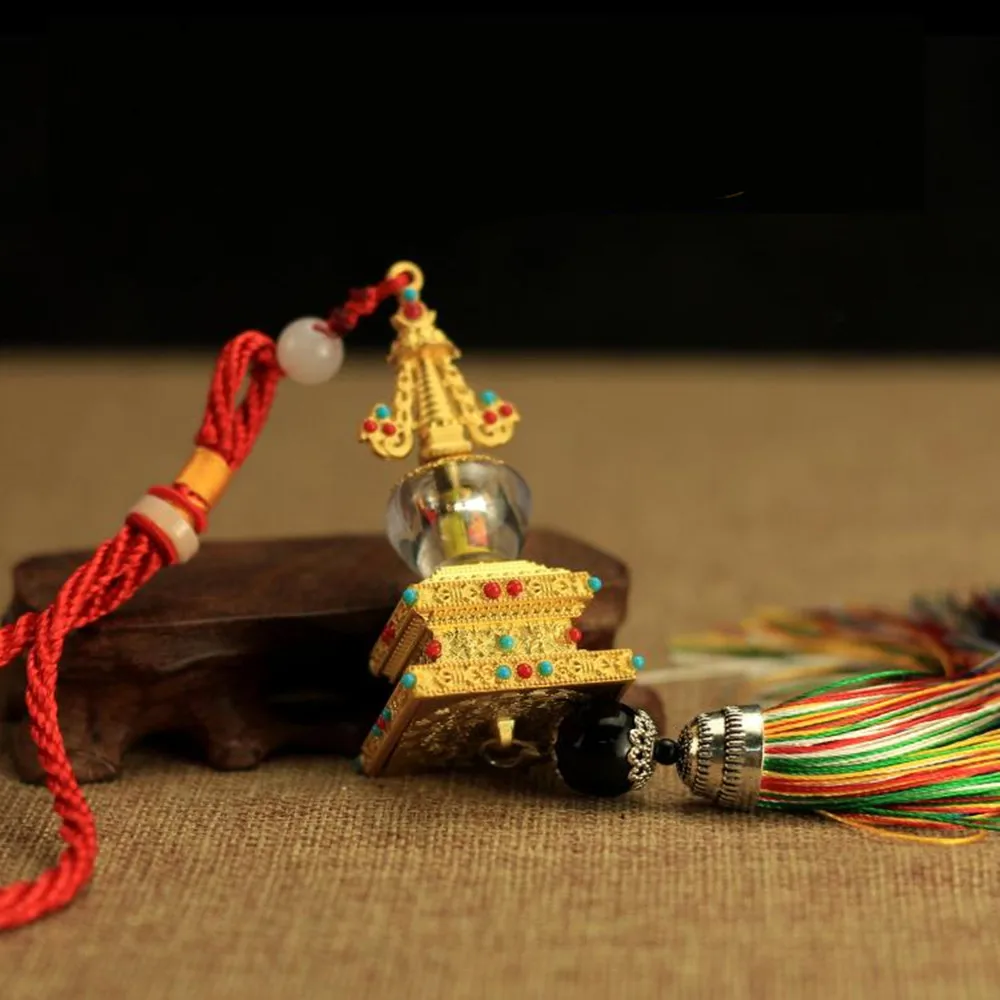 

38cm Alloy Metal Tower Pendant,Gold Colored Carving Stupa Six Words Mantra Hanging Blessing Car Pendant