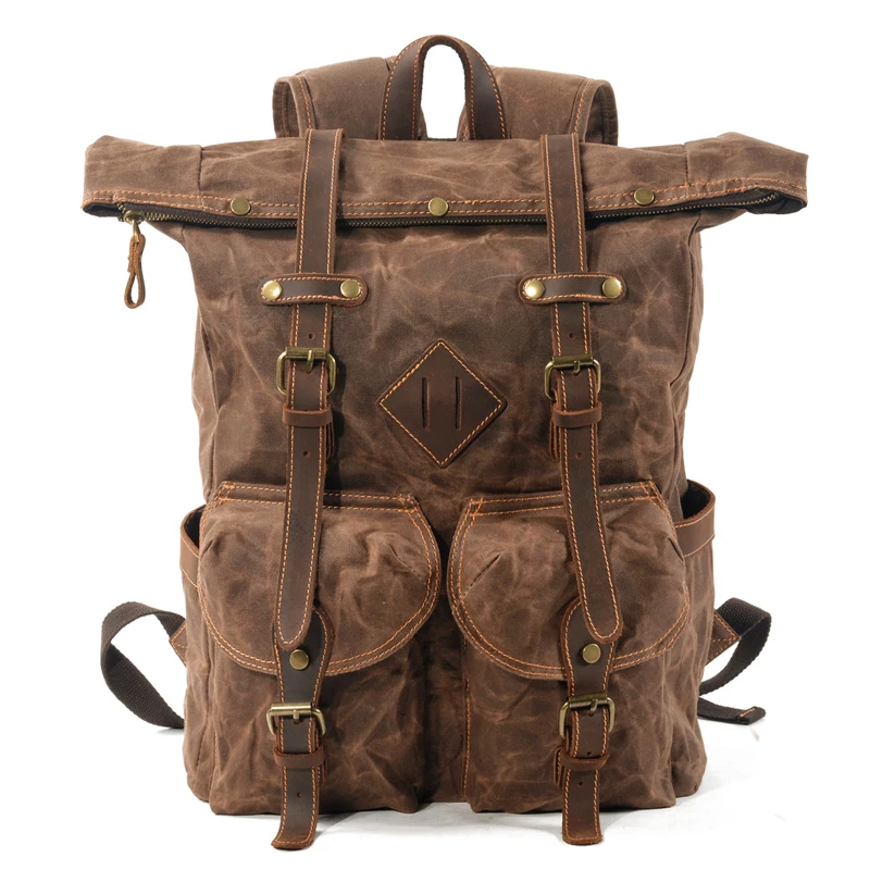 Canvas leather backpack men's multifunctional laptop bag a large number of waterproof belt stitching knapsack bookbag | Багаж и сумки