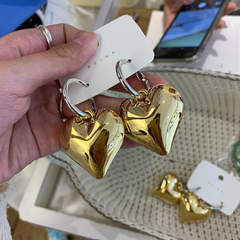 Сердце золотистого цвета 3D узор болтается винтажный геометрический эффектный обруч серьги стереоскопический любовь круглые серьги круги женские Вечерние