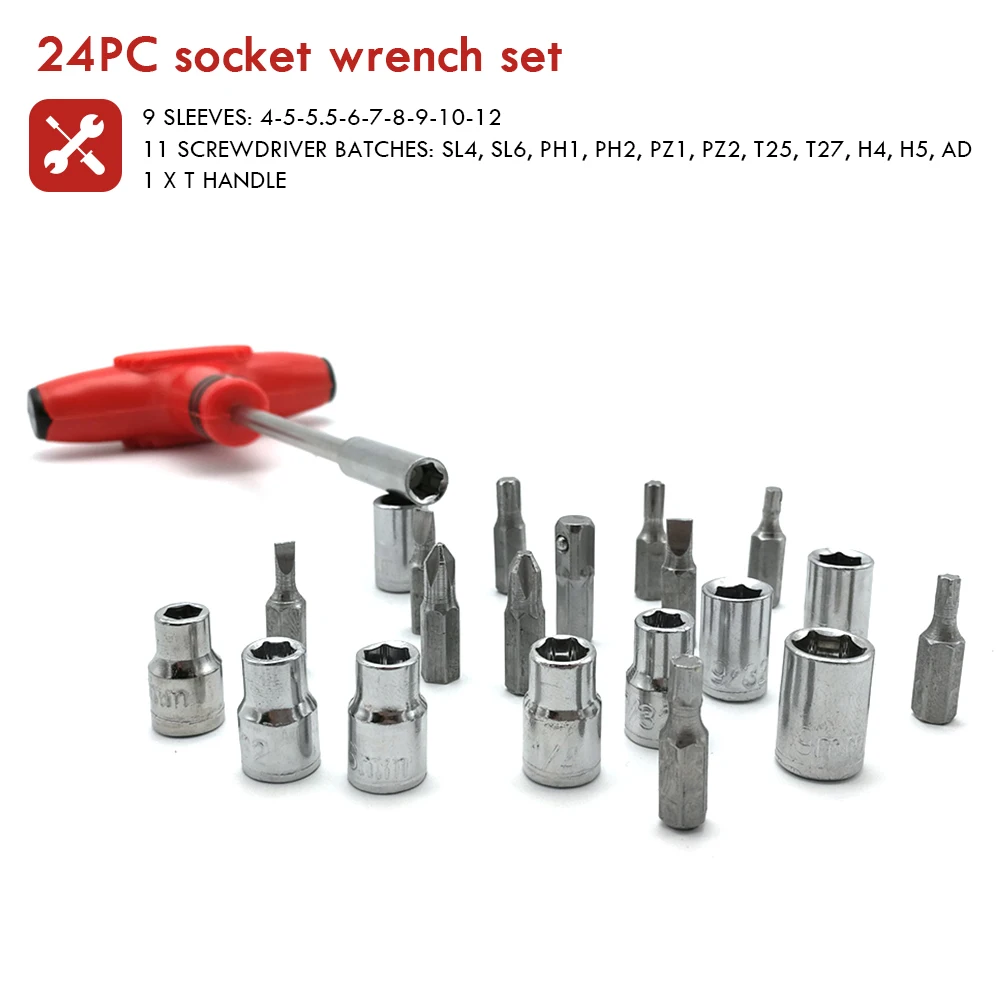 

24Pcs Practical Socket Screwdriver Bits Set Hexagon with T-handle Multi Head Bolt Driver Combination Hand Tool Suit