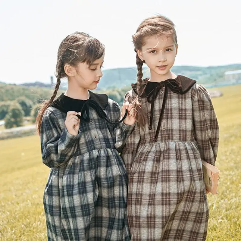 

Модное платье в клетку для девочек; Сезон весна-осень; Платья до колена с длинными рукавами; Повседневные платья для подростков; Одежда; От 3 ...