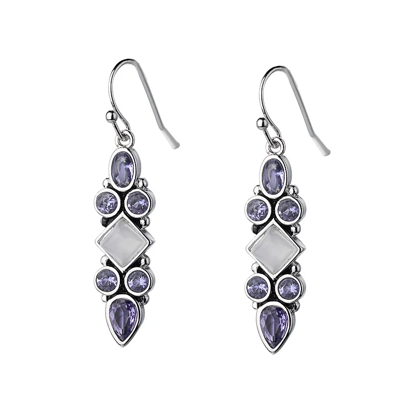 

BLACK ANGEL Vintage Thai Silver Moonstone Earrings Amethyst Purple Gemstone 925 Drop Earrings Women Jewelry Wholesale