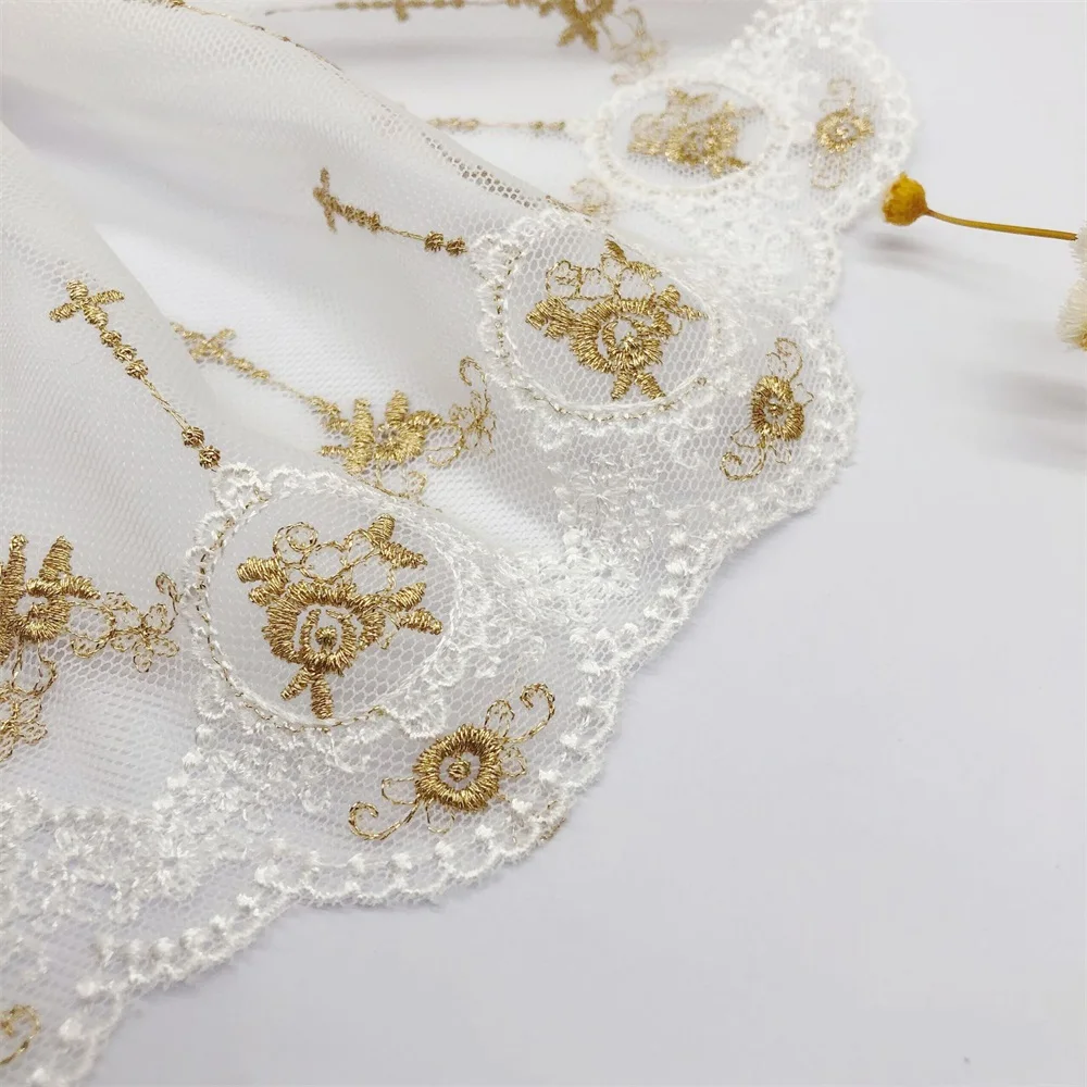 

Gold Embroidered Flower Lace Trim Net Fabric DIY Lolita Dress Collar Sewing Elastic Band V2915