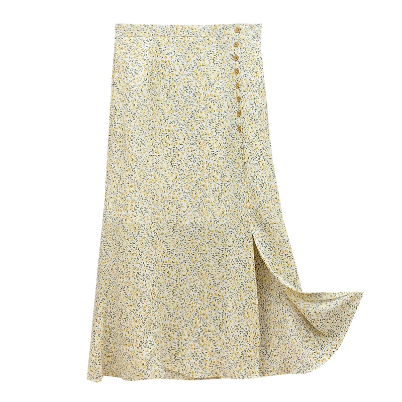 

Women 2021 Chic Fashion with Buttons Green Floral Print Midi Skirt Vintage High Waist Vents Hem Female Skirts Mujer