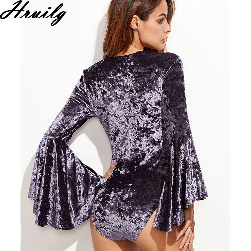 

Women Rompers and Jumpsuites 2020 Flared Sleeves Wave Collar Purple Elegant Jumpsuit Fashion Sexy Bodysuit Women Long Sleeve
