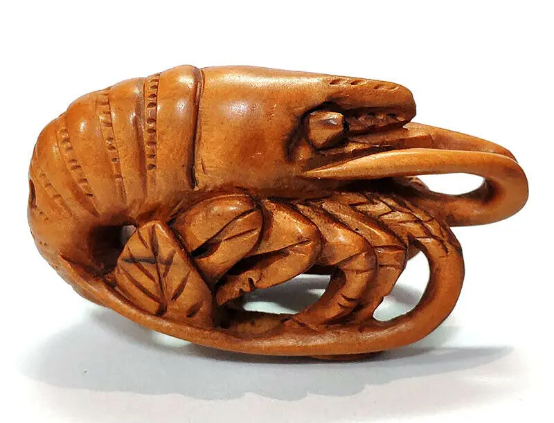 

Collectible 2 INCH Japanese Boxwood 20 Years Old Hand Carved Netsuke Sculpture Miniature Big Shrimp or Lobster - #ZY7675