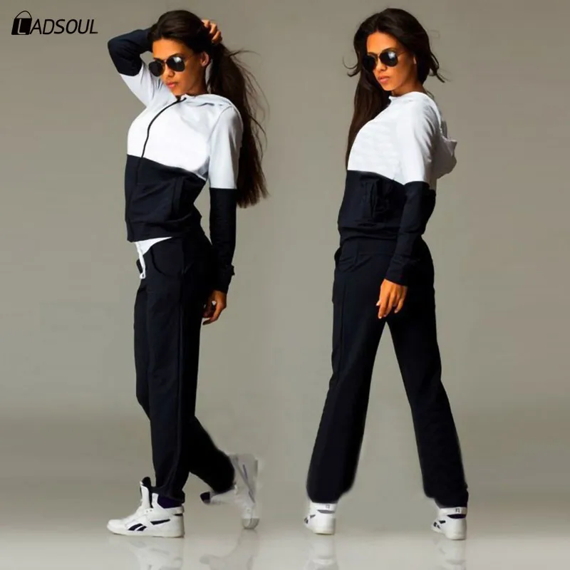 Fashion 2pcs Set Women Sweatshirt Suit Patchwork Color Female Sporting Suit Hooded Zip Up Hoody+Long Pants Tracksuits Hoodies