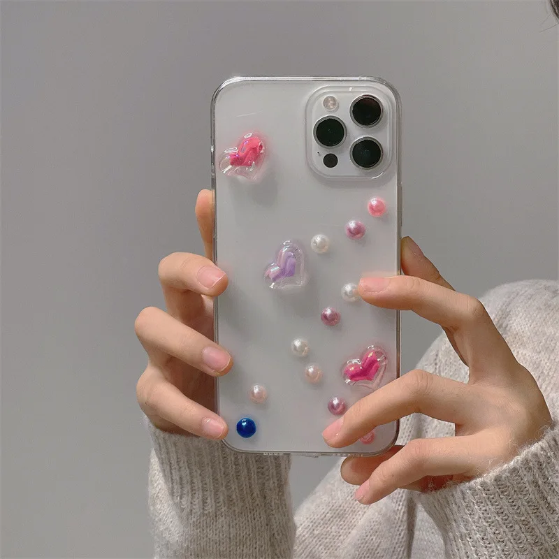 

Luxury Three-dimensional Pearl Love Heart Phone Case For iPhone 11 12 Pro Max X XR XS Max 7 8 Plus Transparent Back Cover