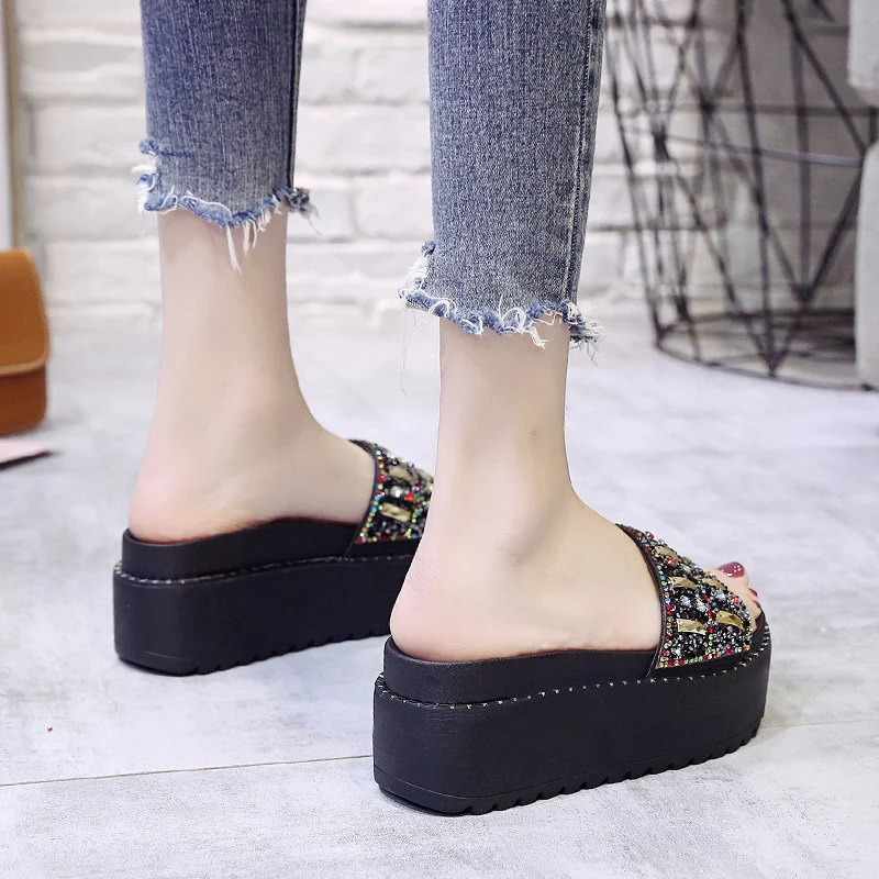 

Rimocy Luxury Bright Diamond Silver High Heels Sandals Women Chunky Platform Casual Beach Slippers Woman Height Increase Slides