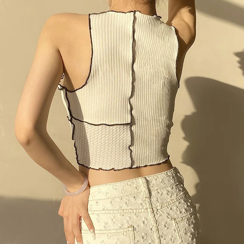

Streetwear Skinny Stripe Patchwork Top Women White Vintage Summer Tank Top Women Contrast Color Vest Crop Tops Short