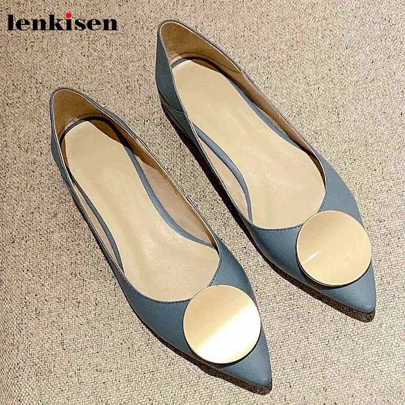 

Lenkisen fashion metal decorations pointed toe genuine leather shoes cozy low heels beauty lady fashion daily wear new pumps L16