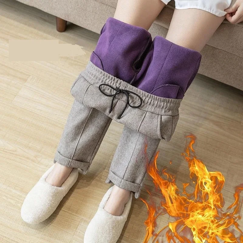 

Plus Size Winter Warm Harlan Pants Women Plus Velvet Thickening Trousers Korean Casual Trouse Woolen Houndstooth Pants
