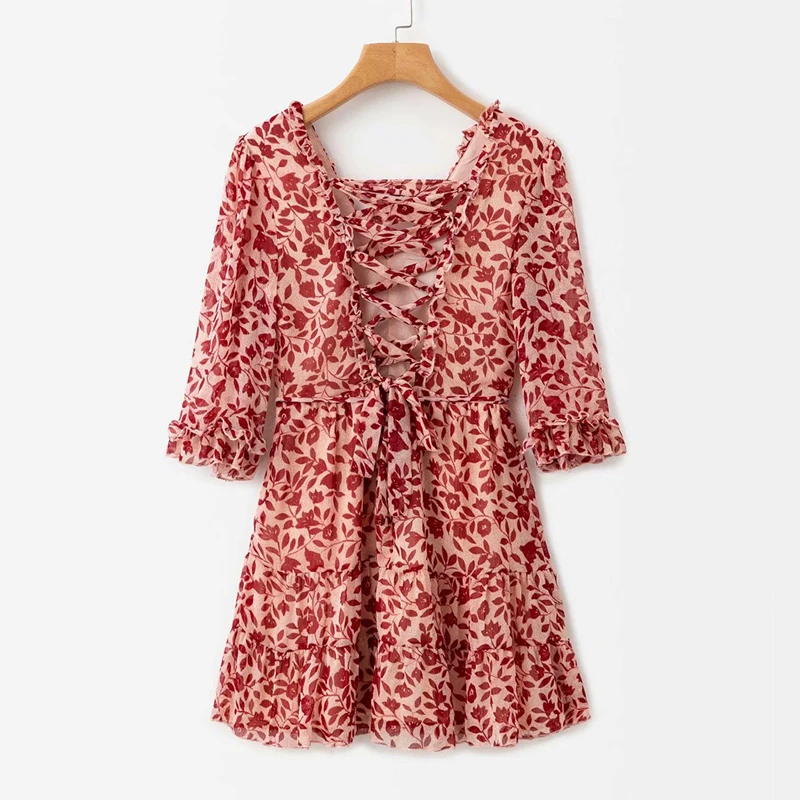 Летнее шифоновое платье с v образным вырезом и принтом трапециевидной формы со