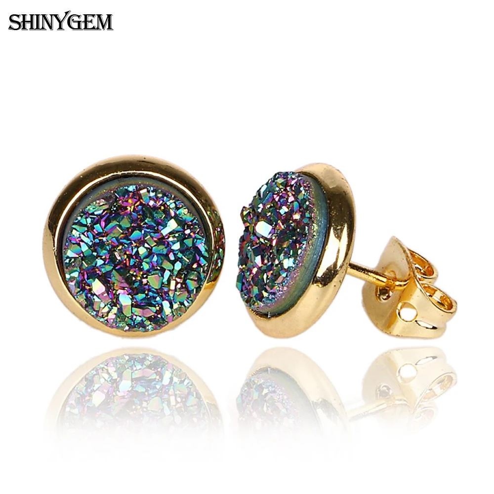 Модные круглые серьги гвоздики ShinyGem 8 мм с натуральным кристаллом позолоченные