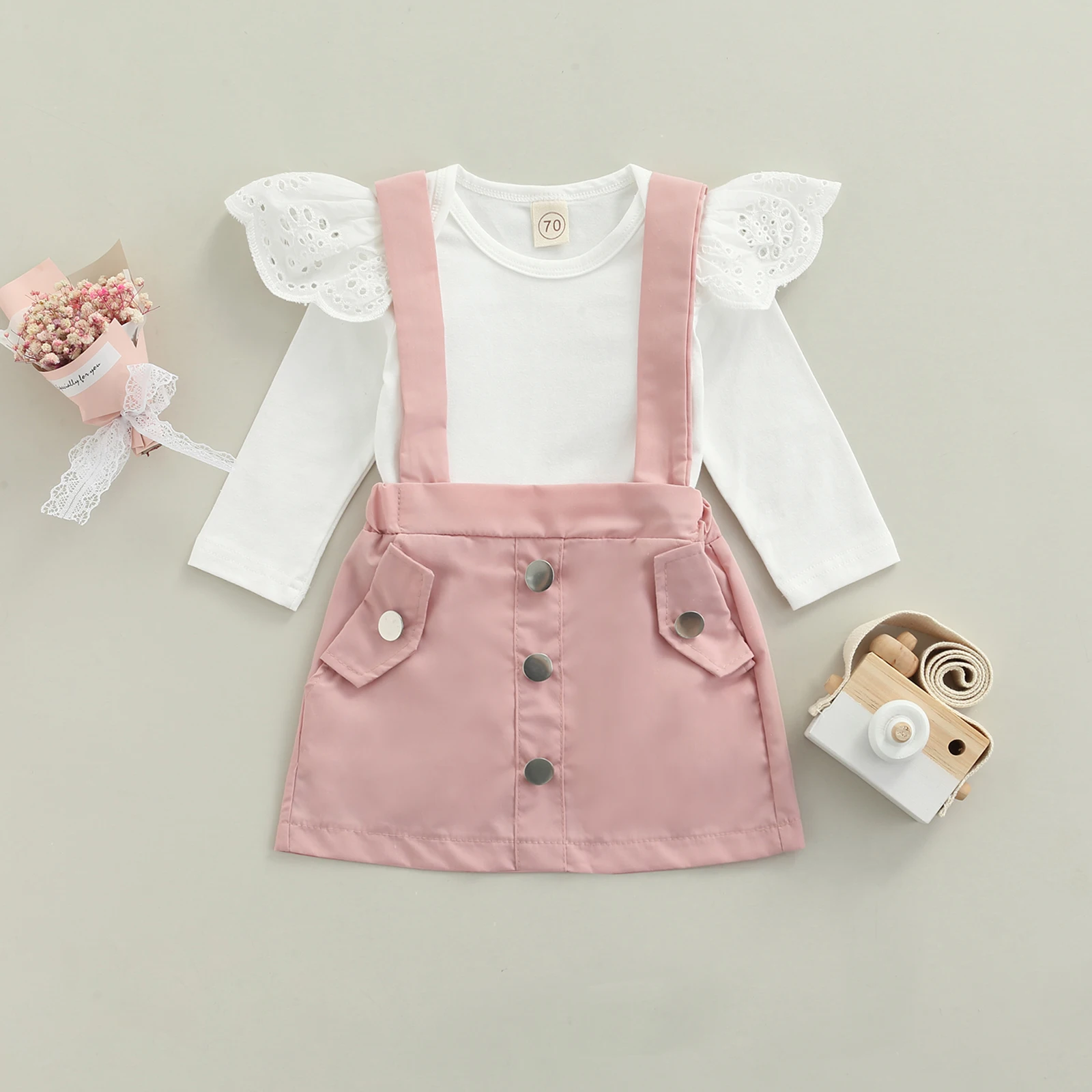 

Baby Girl Spring Autumn Clothes Set Suit Fashion Solid Color Ruffles Long Sleeve Romper Suspender Skirt Sweety Baby's Sets