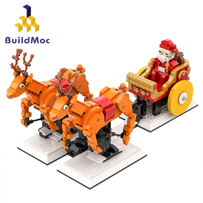 

BuildMoc Christmas Set Santa Claus Sleigh MOC Reindeer Sled Ornament Building Blocks Santa Claus Figures Bricks Toys Gifts