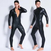 mens wetlook faux leather one piece skin bodysuit 2020 sexy open crotch tights catsuit zentai suit male fetish costume clubwear
