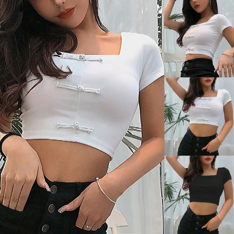 Женская летняя простая Базовая футболка с квадратным вырезом и коротким рукавом