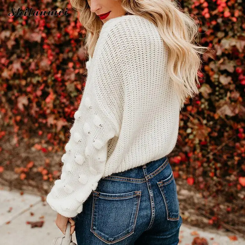 

2019 Autumn White Sweater Women Long Sleeve Round Neck Basic Knitted Pullovers Women Casual Solid Color Loose Sweater Pull Femme