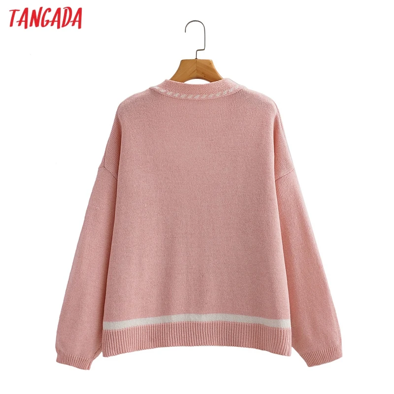 

Tangada Women Elegant Pink Loose Cardigan Vintage Jumper 2021 Oversized Knitted Cardigan 1F307