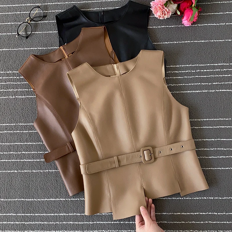 Europe Style Chic women's genuine leather Belt Vests High quality Sheepskin leather waistcoat C088