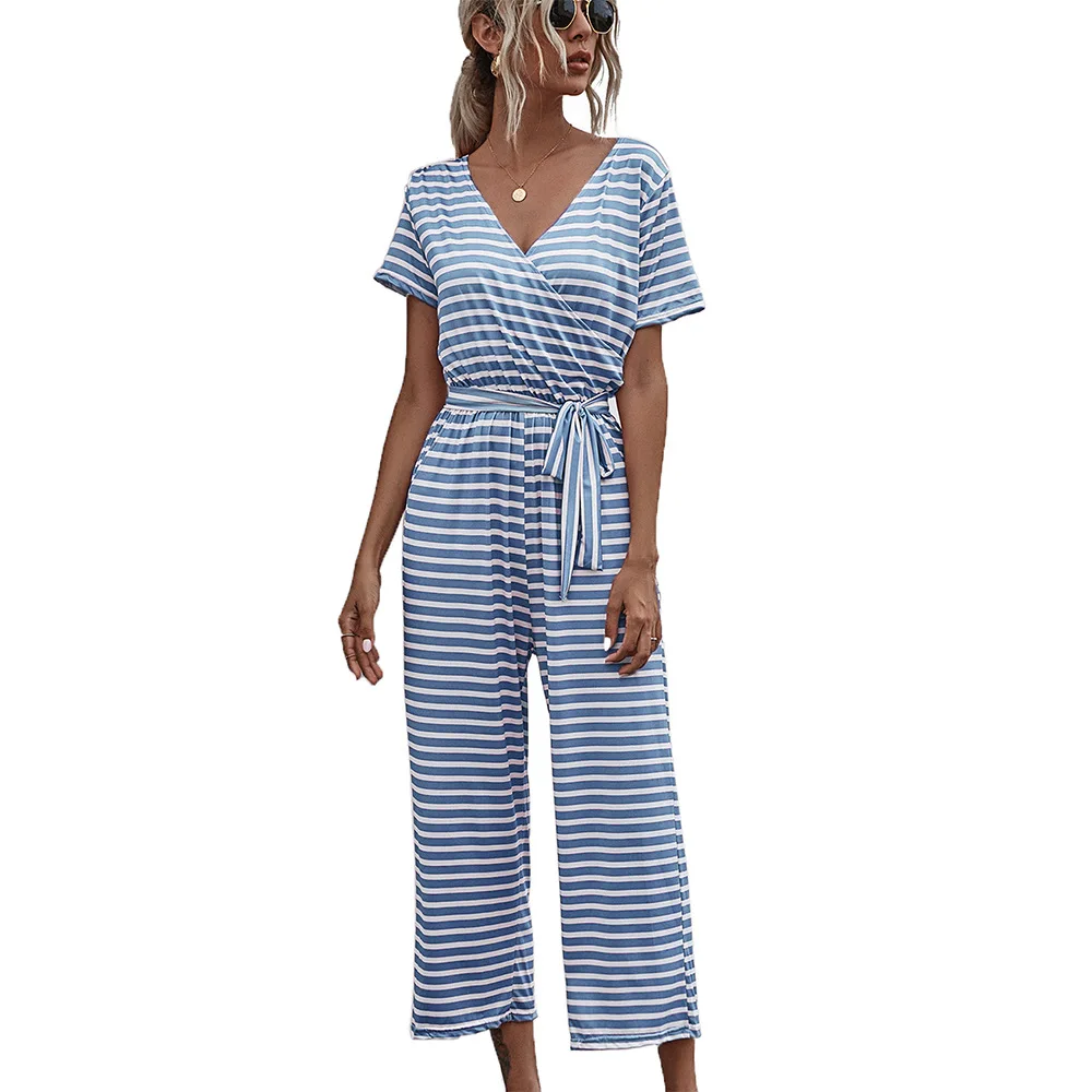 

Sexy V Neck Striped Jumpsuit Women Short Sleeve Casual Summer Bandage Romper Boho Clothing Y2128A