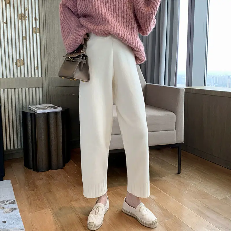 

2021 Women Loose Thick Warm Knit Trousers Pink Wide Leg Pants Ankle Length Pants Casual Soft Trouser Elastic Waist Pants Y114