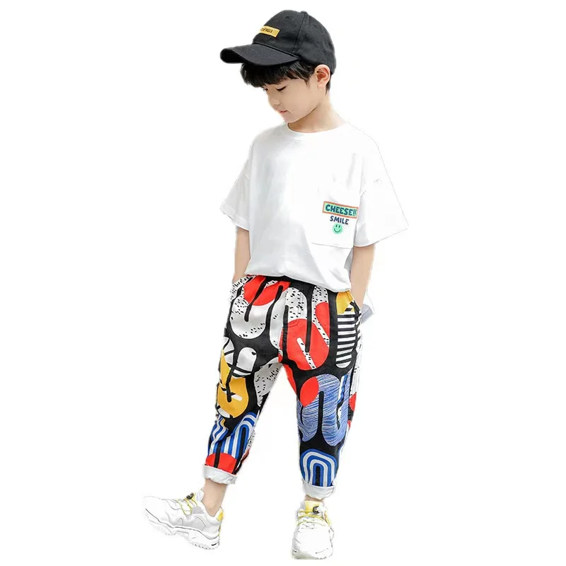 

Children's Clothing Boys Summer Sets 2021 New Kids Fashion Western Style Short Sleeve Full Print Pants Two-piece Suit BT120