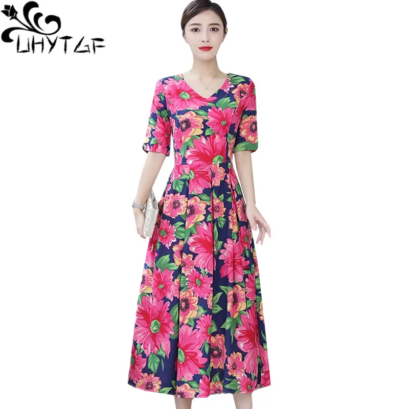 

UHYTGF Summer dress 2020 Chinese style printing casual vintage dress womens fashion cotton linen elegant beach long dresses 1647