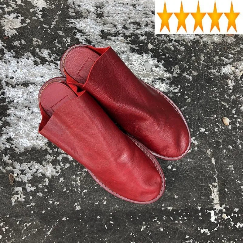 comprar Apartamentos Casual Gótico Slides Feminino Dedo Do Pé Redondo Chinelos De Couro Genuíno 2021 Harajuku Artesanal Senhoras Fora Sandálias Sapatos