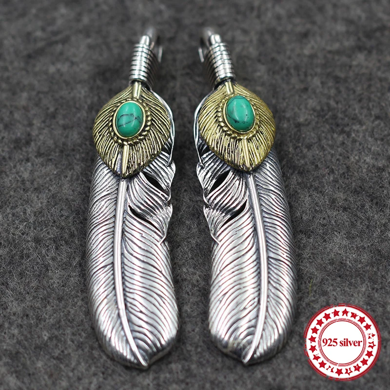 

S925 sterling silver pendants personalized classic Indian national style carved inlaid turquoise flying feathers shape send gift