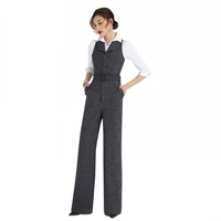 women winter striped rompers sashes sleeveless single breasted jumpsuits elegant office lady high waist wide leg pants jumpsuit