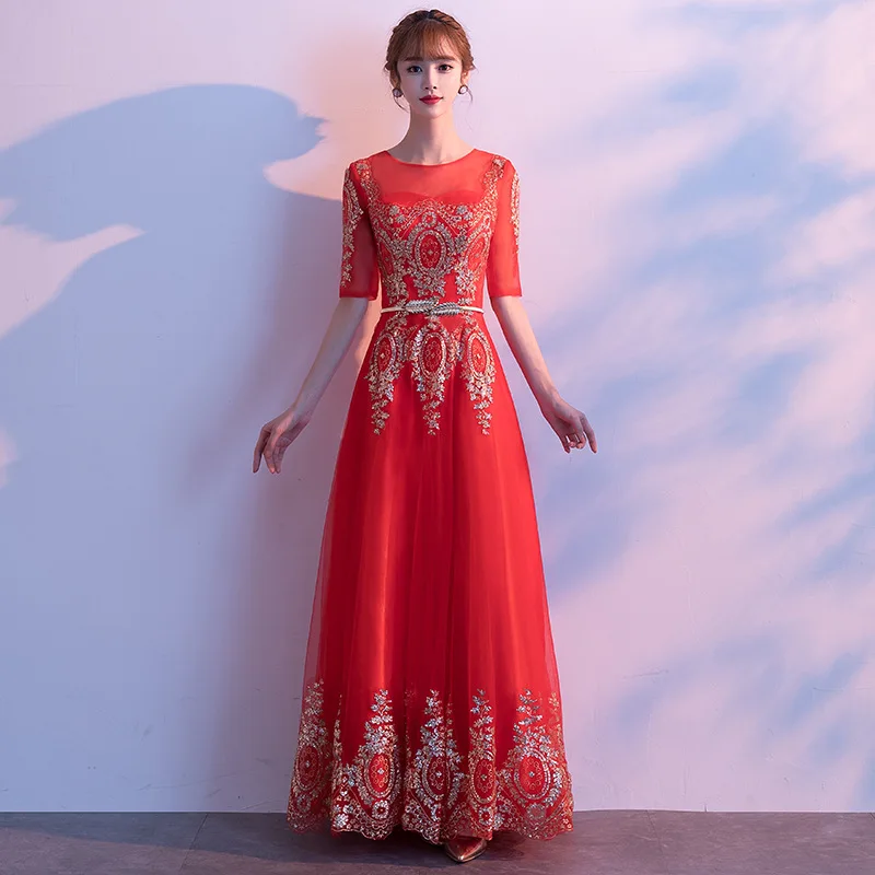 

O-Neck Floor-Length Wedding Party Women Dress Elegant Banquet Long Qipao Female Slim Prom Cheongsam Gowns Vestido XS-XXXL