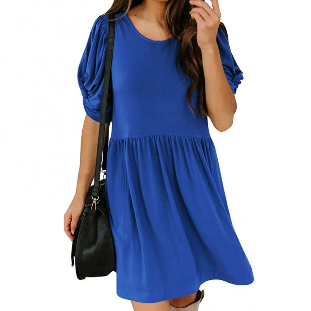 

Женское летнее платье с узлом, однотонное мини-платье с коротким рукавом и круглым вырезом, с большим подолом и карманами, новая летняя одеж...